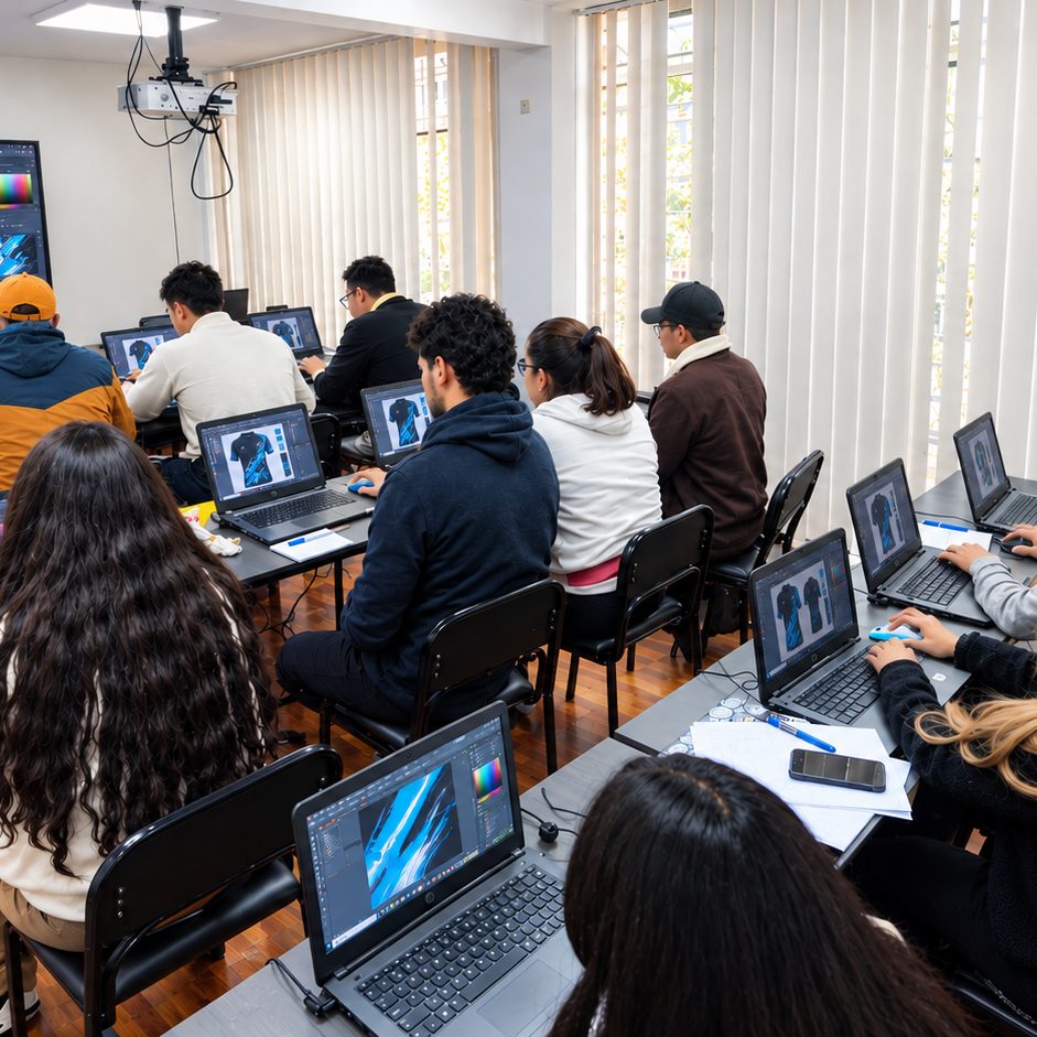 Alumnos en clase de diseño para sublimación en el aula de IDEA, Quito